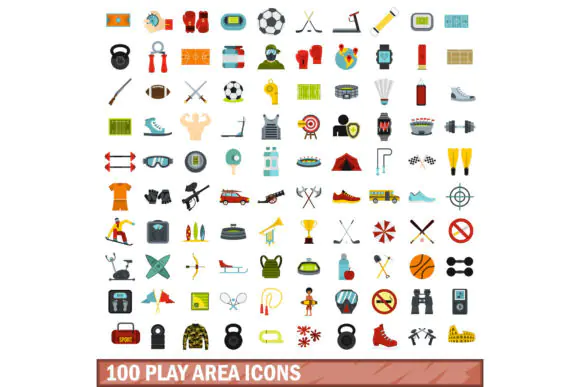 100 Play Area Icons Set Flat Style – Kids Playground, Recreation and Activity Vector Icon Pack for Websites, Mobile Apps, Print Design, Presentations and Creative Projects