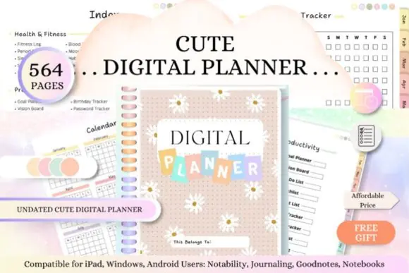Undated Digital Planner for GoodNotes, Notability & XODO | 564-Page Hyperlinked Vertical PDF Planner with Health, Fitness, Lifestyle, Finance & Productivity Pages