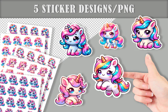 Kawaii Glitter Unicorn Digital Stickers Bundle PNG for Journaling, Scrapbooking, Planner Decoration, Printable Sticker Sheets, and Cute Fantasy Craft Projects