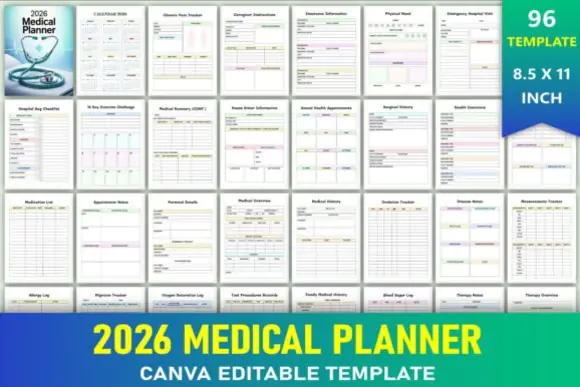 Editable 2026 Medical Planner Canva Template | 96-Page Health Tracker, Appointment Organizer, Medication Log, Medical Records & KDP Interior Bundle