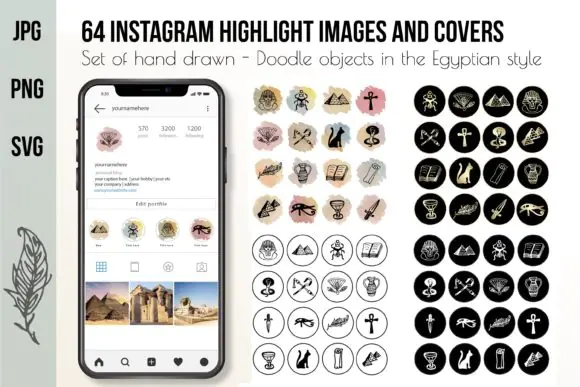 Hand Drawn Instagram Highlight Icons – Egyptian Style Watercolor Story Covers, Doodle Travel Blog Highlight Pack, SVG and PNG Social Media Branding Icons