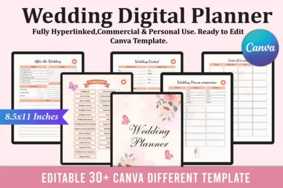 Digital Wedding Planner for iPad Canva Template | Editable Hyperlinked Wedding Organizer with Guest List, Budget Tracker, Checklist, Honeymoon & Notes Pages