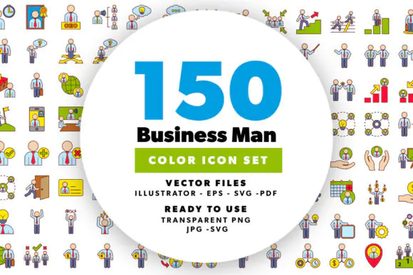 Business Man Color Icons Vector Pack – Professional Office, Leadership and Teamwork Icon Set for Websites, Apps, Presentations, Marketing, Finance and Corporate Design Projects
