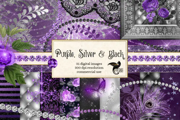Purple Silver and Black Graphics Bundle – Glam Digital Scrapbooking Kit with Elegant Backgrounds, Lace Borders, Diamond Accents, String Lights, Banners, Frames, Pearls, Florals, and Transparent PNG Cl