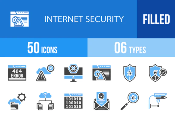 50 Internet Security Blue Black Icons Vector Pack – Cybersecurity, Privacy and Protection Icon Set for Websites, Mobile Apps, Presentations, Dashboards and Digital Safety Design