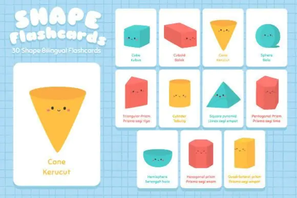 Printable Bilingual 3D Shape Flashcards | English Indonesian Three-Dimensional Shape Vocabulary Cards for Kids, Homeschool, Classroom, Math & Language Learning Activities