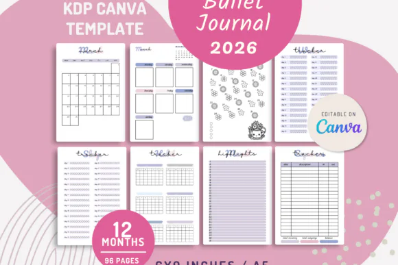 CANVA 2026 Bullet Journal Template, Editable Dot Grid Journal, Monthly Weekly Planner, Habit Tracker, Mood Tracker, Sleep Tracker, A5 KDP Journal