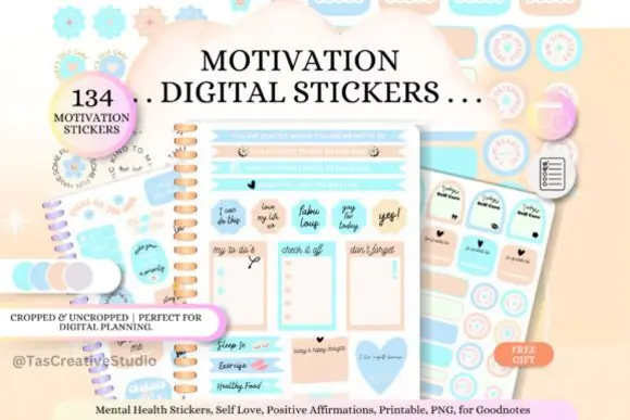 Blue Mental Health Digital Stickers Set – 134 Motivational Blue Planner Stickers with A5 PDF and PNG Sheets, Bonus Sticker Book, and Printable Affirmation Cards for GoodNotes, Notability, Noteshelf, X
