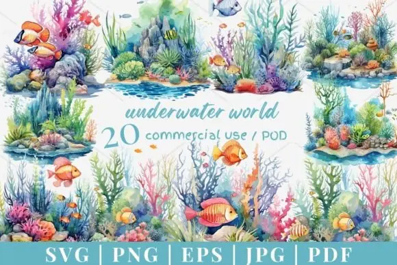 20 Underwater Vector Graphics Bundle – Watercolor Ocean SVG PNG EPS PDF JPG Clipart Set for Wall Art, T-Shirts, Sublimation, Scrapbooking, Greeting Cards, Invitations, Mugs, and Creative DIY Projects