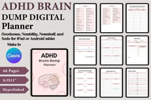 Digital ADHD Brain Dump Planner Canva Template, Editable Mental Wellness Planner, Anxiety Tracker, Mood Log, Self Care Journal, Daily To Do Organizer