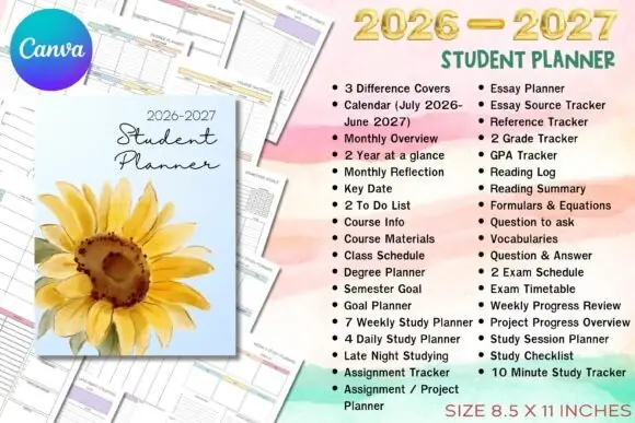 2026–2027 Student Planner Canva Template, Editable Academic Planner, Study Organizer, Assignment Tracker, Exam Timetable, College and School Printable Planner