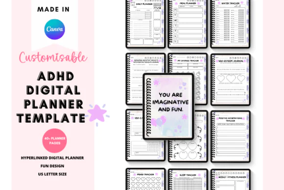 Canva ADHD Digital Planner Template | 40+ Editable Hyperlinked Planner Pages for Daily, Weekly, Budget, Mental Health, Trackers & Etsy or Shopify Sales