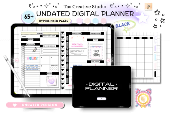 Black and White Digital Planner for GoodNotes, Undated Hyperlinked iPad Planner, Daily Weekly Monthly Digital Notebook, Self Care Fitness Finance Planner