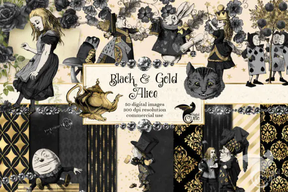 Black and Gold Alice Wonderland Graphics Bundle – Vintage Alice in Wonderland Clipart Kit with Seamless Backgrounds, White Rabbit, Queen of Hearts, Cheshire Cat, Mad Hatter, Gold Frames, Banners, and