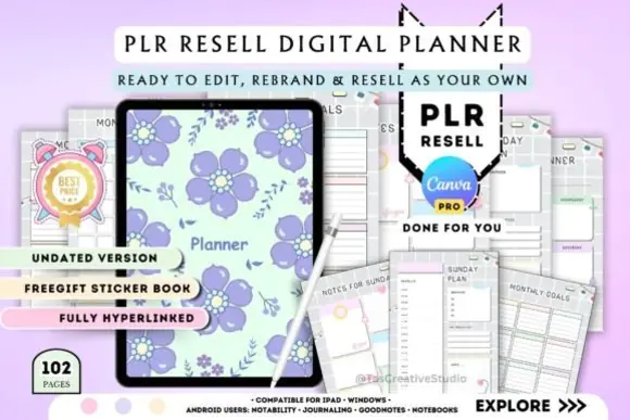 PLR Digital Planner Editable Canva Template | Hyperlinked 102-Page Undated Planner with Productivity, Health, Finance Pages, Sticker Book & Resell Rights