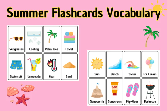 Summer Flashcards Vocabulary Cards | 16 Printable Summer Word Learning Cards for Kids, Preschool, Kindergarten, Homeschool, Classroom & Seasonal Language Activities