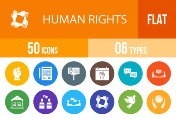 50 Human Rights Flat Round Icons Vector Pack – Activism, Justice, Equality and Social Awareness Icon Set for Apps, Websites, Presentations, Print Design and Advocacy Projects