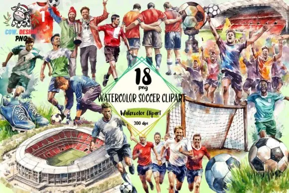 Watercolor Soccer Clipart PNG Graphics Bundle – High-Resolution Sports-Themed PNG Design Set for Stickers, Mugs, T-Shirts, Greeting Cards, Invitations, Posters, Scrapbooking, and Printable Decorations