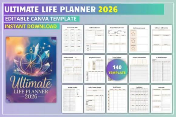 Ultimate Life Planner 2026 KDP Interior, Editable Canva Life Planner Template, Printable Wellness Planner, Goal Planner, Budget Tracker, Fitness Journal, Meal Planner, Gratitude Journal, Self-Care Wor