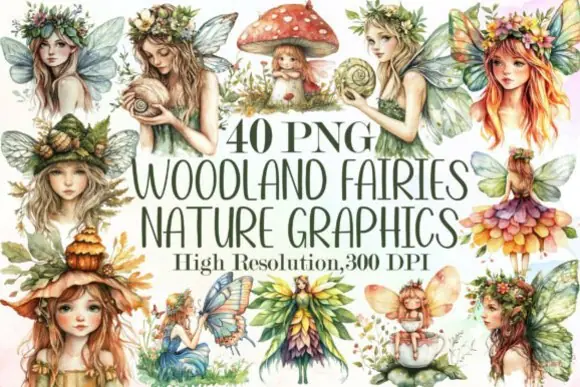 Woodland Fairies Nature Graphics Bundle | 40 Fairy PNG Designs with Transparent Background | Enchanted Forest Clipart Set for T-Shirts, Stickers, Mugs, Cards & Crafts