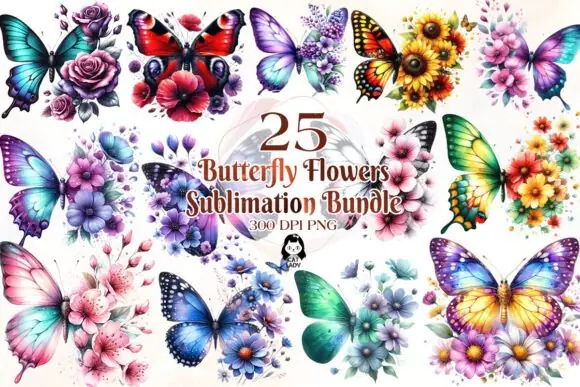 Butterfly Flowers Sublimation Clipart Bundle – 25 Floral Butterfly PNG Graphics for Shirts, Hats, Cups, Stickers, Sublimation Printing, Gifts, and Nature-Inspired DIY Craft Projects