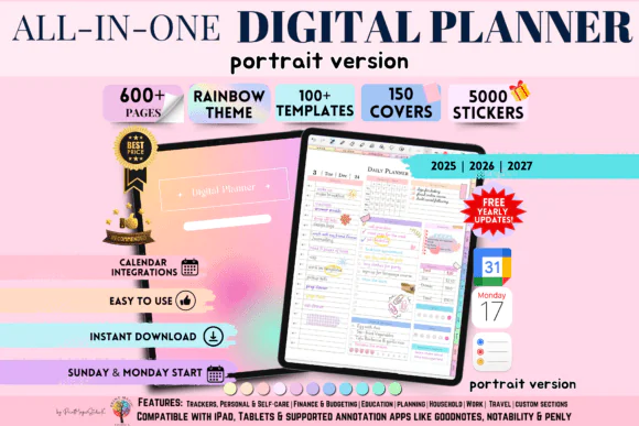 All-in-One Digital Planner Portrait 2025 2026 2027, Hyperlinked GoodNotes Digital Journal, Daily Weekly Monthly Planner, 5000 Stickers, 150 Covers, Apple and Google Integration