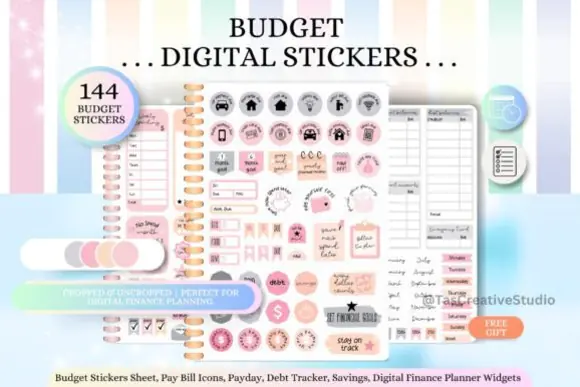 Pink Grey Budget Digital Stickers Set – 144 Financial Planner Stickers with A5 PDF and PNG Sheets, Bonus Sticker Book, and Printable Affirmation Cards for GoodNotes, Notability, Noteshelf, XODO, Samsu