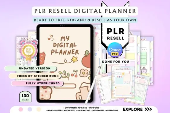 PLR Digital Planner Canva Design Template | 130-Page Hyperlinked Undated Rebrandable Planner with Sticker Book, Health, Finance & Productivity Pages for Digital Product Sales