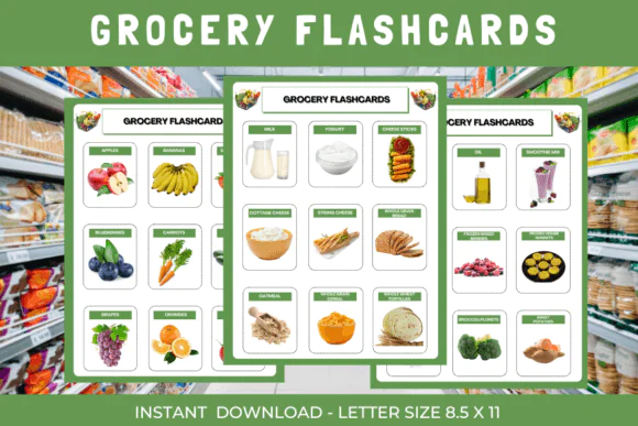 Grocery Store Montessori Flashcards Set | Printable 3-Part Food Items Learning Cards for Preschool, Kindergarten, Homeschool, ESL & Early Vocabulary Activities