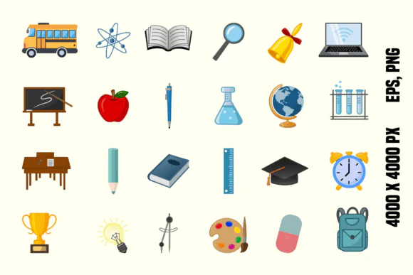 Set of Cartoon School Icons Vector Pack – Educational Supplies and Classroom Item Graphics for Websites, Mobile Apps, Presentations, Print Design and Learning Projects