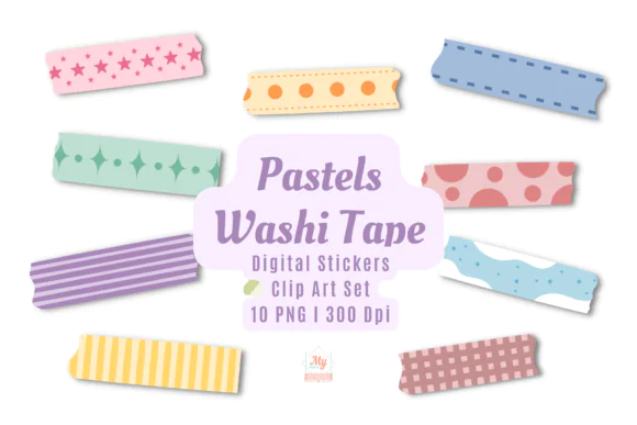 Pastels Washi Tape Digital Stickers Bundle – 10 Aesthetic Transparent PNG Washi Tape Graphics for Bullet Journals, Scrapbooking, Invitations, Social Media, Graphic Design, Crafts, and Creative Planner