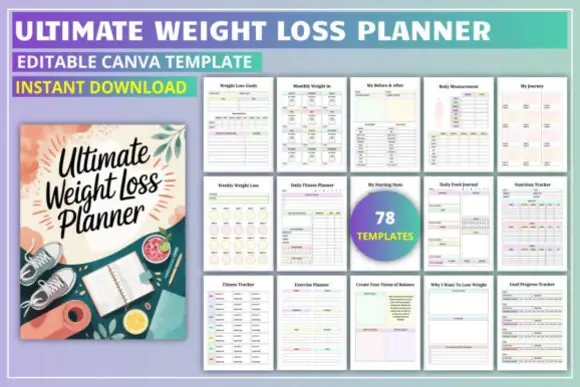 Ultimate Weight Loss Planner Canva Template | 78-Page Fitness, Meal, Workout, Habit, Calorie, Measurement & Goal Tracking Printable Bundle