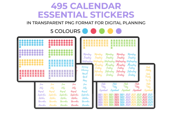 Calendar Essential Digital Stickers Bundle – 495 Transparent PNG Planner Stickers for GoodNotes, Noteshelf, Notability, Xodo, Digital Calendars, Journals, Schedules, and Everyday Productivity Planning