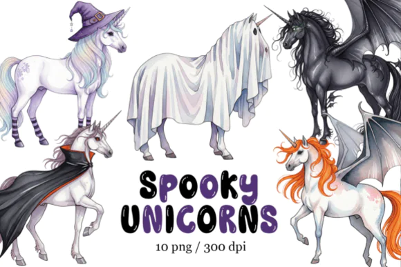 Halloween Unicorn PNG Clipart Bundle – 10 Watercolor Spooky Cute Unicorn Graphics with Transparent Backgrounds for T-Shirts, Stickers, Planners, Sublimation, Scrapbooking, Greeting Cards, and Fall DIY