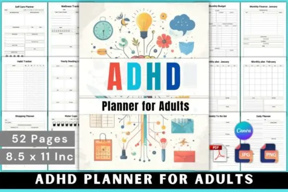 ADHD Planner for Adults Editable Canva Template, Printable Daily Weekly Monthly Organizer, Wellness and Finance Tracker, Habit Planner, Goal Setting Workbook