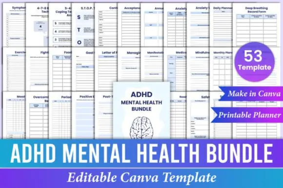 ADHD Mental Health Planner Bundle Canva Template | Editable Anxiety, Self-Care, Mood, Reflection, Habit & Wellness Printable Planner