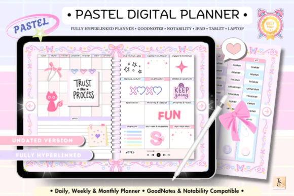Pink Pastel Digital Planner | Undated Hyperlinked Vertical Daily Weekly Monthly Planner for GoodNotes, Notability, XODO & Samsung Notes