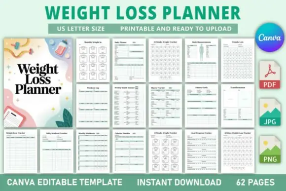 Editable Weight Loss Planner Canva Template, Printable Fitness and Nutrition Tracker, Workout Log, Meal Planner, Habit Tracker, KDP Ready Wellness Journal