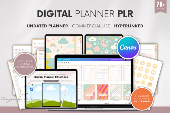 Undated Digital Planner PLR Canva Template Bundle | 75+ Hyperlinked Planner Pages, Etsy Mockups, Social Media Templates & Resell-Ready Digital Product Kit