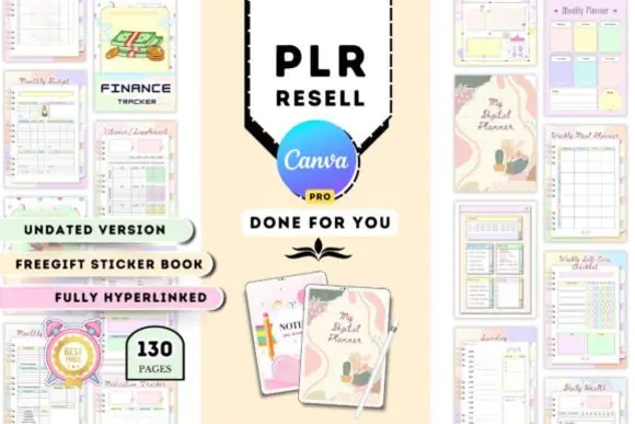 Resell Digital Planner Canva Template | 130-Page Hyperlinked Undated PLR Planner with Rebrand Rights, Sticker Book, Finance, Health & Productivity Pages