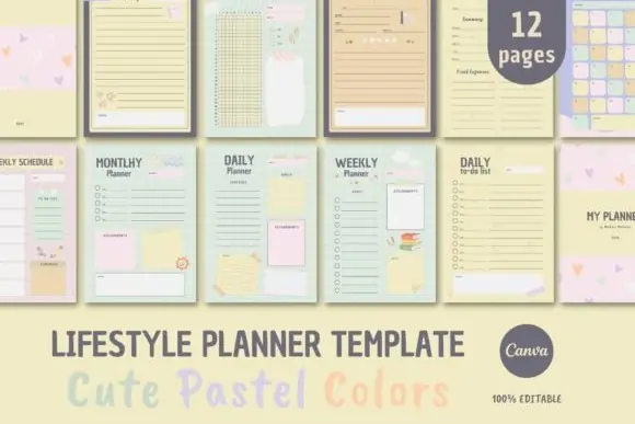 Lifestyle Planner Canva Template | Cute Pastel Editable Daily Weekly Monthly Habit Tracker Reading Log and Financial Control Planner