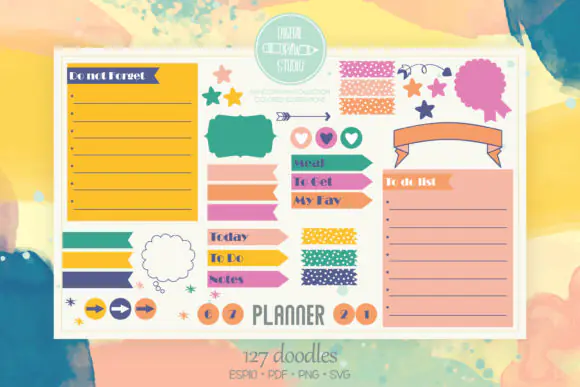 Weekly Kit Spread DIY Digital Planner Icons PNG SVG EPS PDF | 127 Hand-Drawn Planner Doodles for Stickers, Scrapbook, Invitations, Wall Art & Cricut Projects