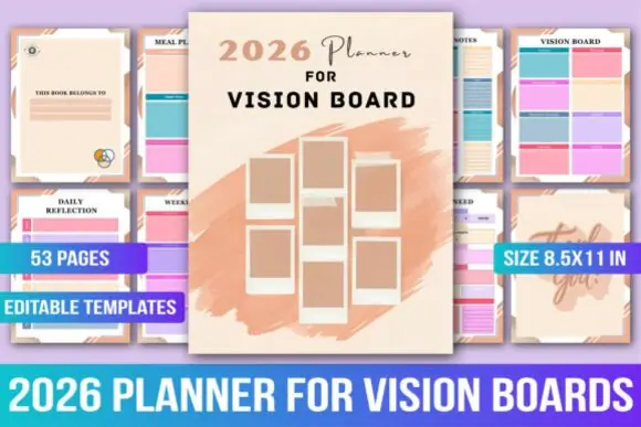 2026 Vision Board Planner Canva Template, Printable Goal Setting Planner, Self-Growth Journal, Monthly Daily Planner, Gratitude Journal, Self-Care Tracker, Health & Mood Tracker, Personal Development