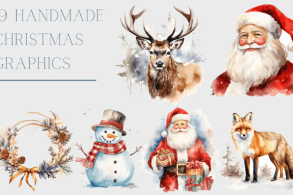 19 Christmas Watercolor Graphics Bundle – Festive Holiday Clipart Set with Santa, Post Box, Mistletoe, Robins, and Transparent PNG Files for Sublimation, Gifts, Home Decor, Tumbler Wraps, and Seasonal