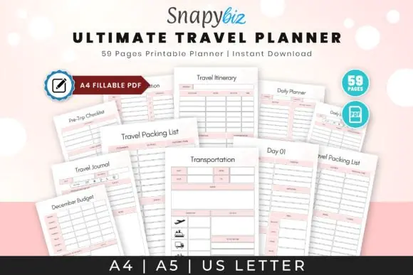 Ultimate Travel Planner Template | Editable Vacation Itinerary, Packing List, Travel Budget, Accommodation, Daily Planner & Road Trip Organizer