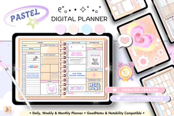 Undated Digital Planner for iPad GoodNotes, Hyperlinked Horizontal Planner, Daily Weekly Monthly Digital Notebook, Self Care Fitness Finance Planner