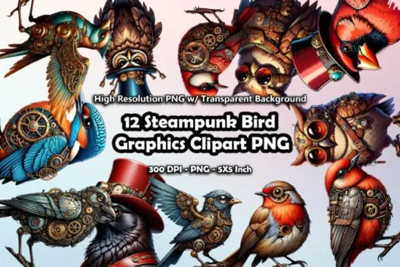 12 Steampunk Bird Graphics Clipart PNG Bundle – Mechanical Fantasy Bird Illustrations with Brass Feathers, Clockwork Wings, Gear Tails, and Transparent Backgrounds for Scrapbooking, Gothic Journals, P