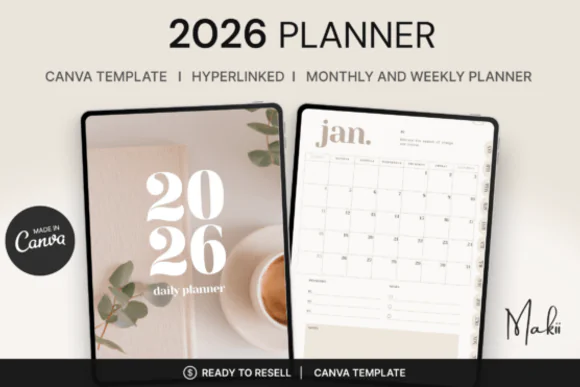 2026 Digital Planner Canva Template, Hyperlinked Editable PDF Planner for GoodNotes, Weekly and Monthly Digital Planner, Minimal Modern Resell Ready Planner Pages