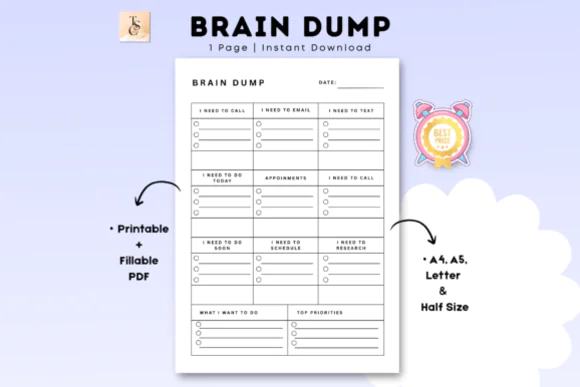 ADHD Brain Dump Planner Printable PDF, Minimalist Undated Brain Dump Page, Digital and Printable Organizer, A4 A5 Letter Half Letter Planner Insert