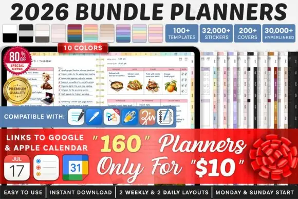 2026 Bundle Digital Planner for GoodNotes | Hyperlinked PDF Planner with 160 Layouts, Stickers, Covers, Apple & Google Calendar Integration, Sunday & Monday Start